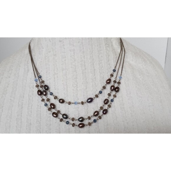Layered Freshwater Pearl & Silvertone Bead Necklace 18, 19 & 20 in + 2 in ext - Picture 1 of 5